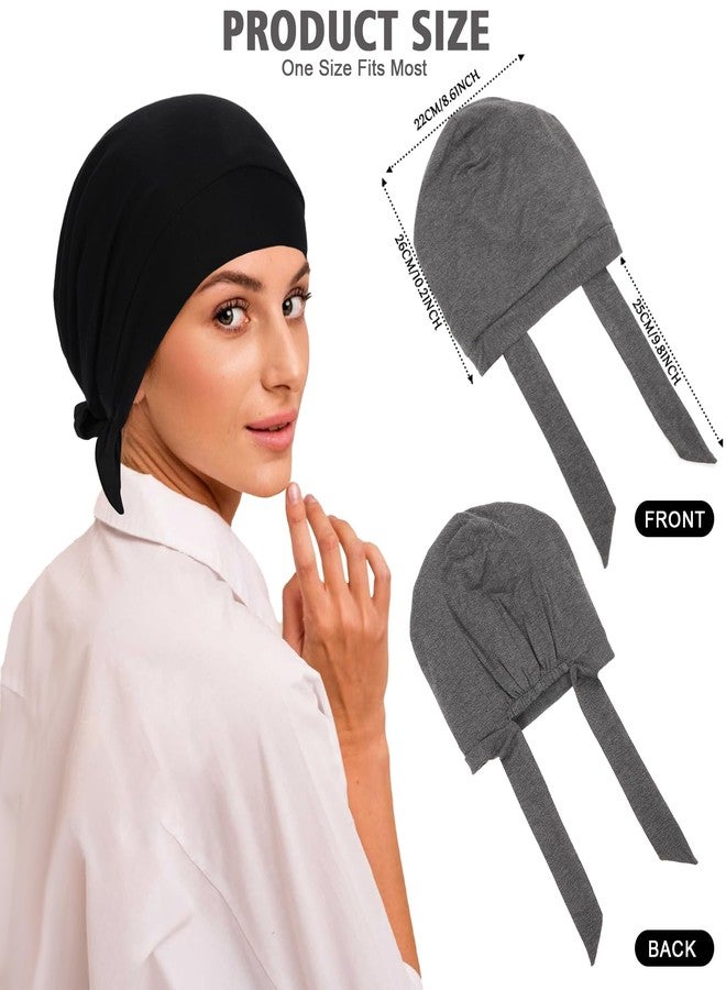 XEPST 2 PCS Hijab Undercap for Women, Islamic Muslim Under Hijab Cap Satin Lined Undercap Tie Back Bonnet Inner Head Scarf Head Wraps Hair Turbans for Women Chemo Headwear Sleep Cap, Black+Dark Grey - Image 2